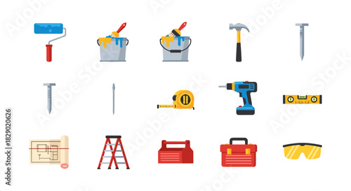 Colorful tools collection for construction and diy projects