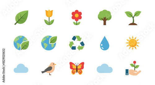 Flat nature and eco-friendly icons featuring plants, trees, and recycling symbols