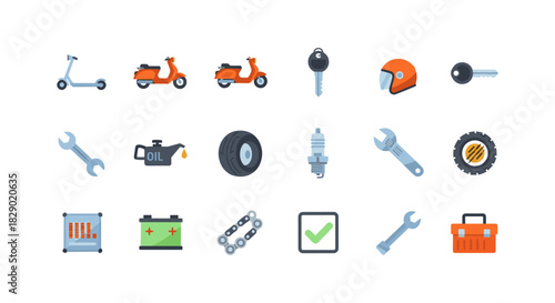 Comprehensive scooter and motorcycle maintenance set in flat style