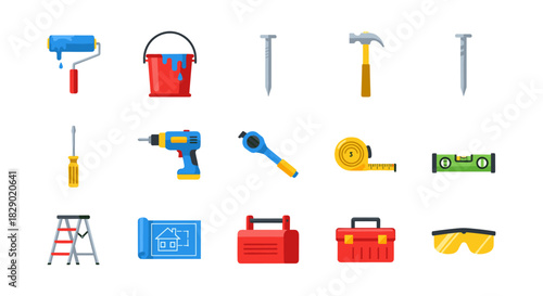 Colorful construction tools set with hammer, drill, level, tape measure