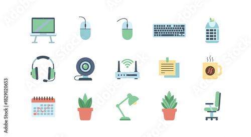Modern office icons set featuring technology, plants, and stationery in flat design