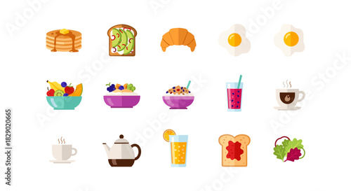 Colorful breakfast icons: pancakes, avocado toast, croissant, coffee, fruit, and more in flat style