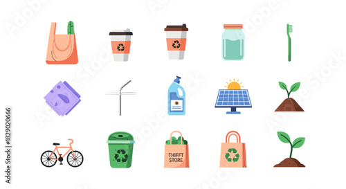 Eco-friendly lifestyle icons highlighting sustainable living essentials