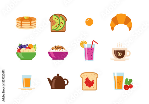 Diverse breakfast icons featuring popular foods and drinks in flat design style