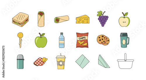 Flat style picnic food and drinks collection featuring sandwiches, snacks, and beverages