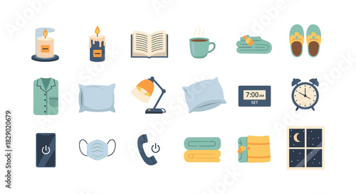 Cozy bedroom icons set featuring flat style evening routine essentials for a relaxing night ambiance