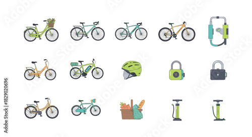 Bicycle icon set: varied designs with accessories and equipment