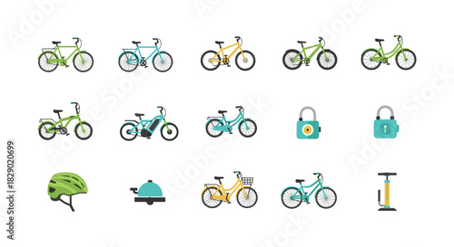 Colorful bicycle icons set with helmets and accessories