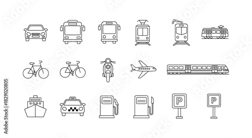 Minimalist transportation icons set featuring cars, bicycles, trains, and more