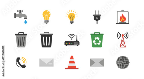 Essential household icons set: utilities, communication, and recycling in flat design