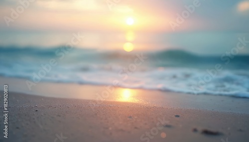 Abstract blurred beach view with soft gentle waves washing wet sand. Golden sun reflects on calm ocean water. Serene nature scene at sunrise sunset creates relaxing mood. Peaceful, beautiful