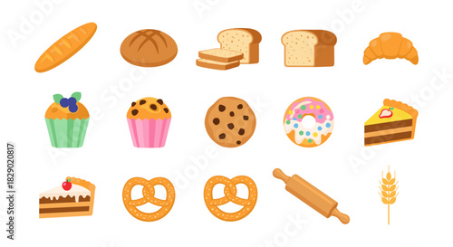 Variety of baked goods icons: bread, pastries, sweets in flat design