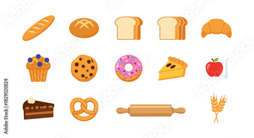 Colorful bakery and pastry icons set with bread, cake, and more