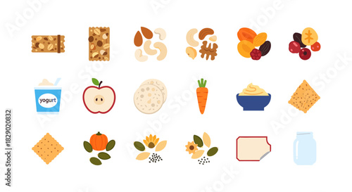 Healthy snack icon set: granola bars, fruits, nuts, and more for nutrition and wellness