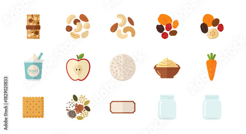 Healthy snack collection: nuts, fruits, and more in flat design