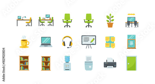 Office essentials set: flat style icons of furniture, technology, and supplies