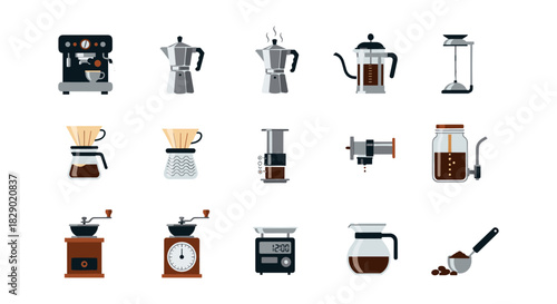 Collection of coffee brewing methods and equipment in modern flat design