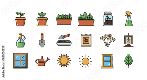 Gardening elements set with plants, tools, and sun icons in flat style