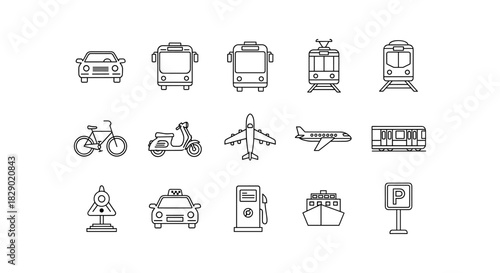 Collection of linear transportation icons featuring cars, bicycles, trains, and airplanes