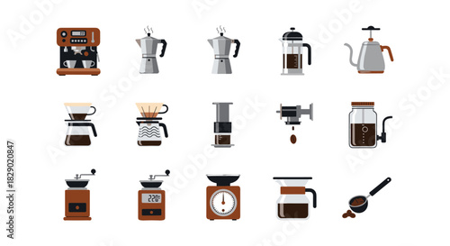 Modern coffee brewing equipment set with flat design icons for cafes and homes