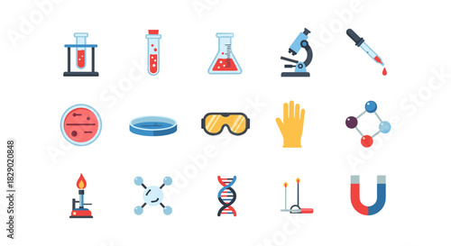 Science and laboratory equipment icons in flat design for educational and research purposes