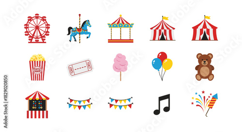 Colorful carnival elements including ferris wheel, carousel, and circus tents in flat design