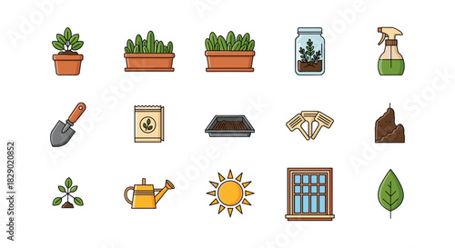 Gardening essentials: flat icons of plants, tools, and sunlight for urban farming inspiration