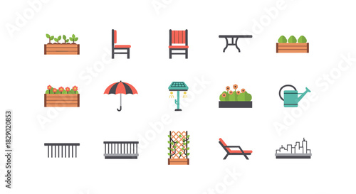 Colorful garden and patio icons collection for home and outdoor design