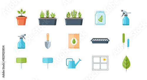 Gardening essentials collection with tools, plants, and accessories