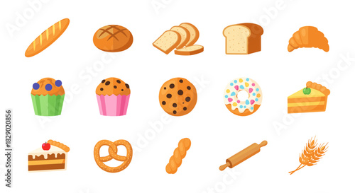 Assorted bakery items set with bread, pastries, and cookies in flat design