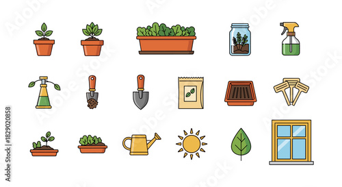 Home gardening essentials: tools and plants in colorful flat style for urban growers