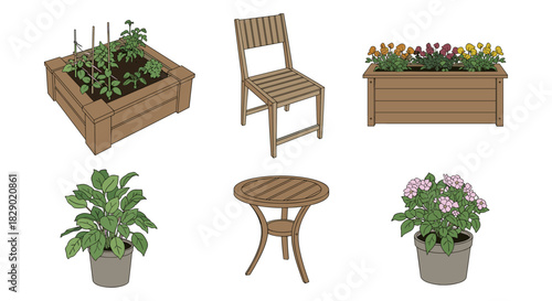 Garden essentials: raised beds, chairs, tables, and potted plants illustrated in flat style