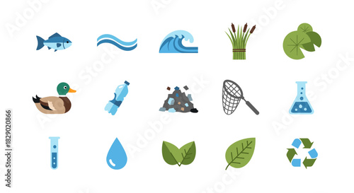 Environmental conservation icons: aquatic life, pollution, and nature preservation in flat design