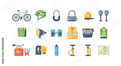 Essential cycling gear and accessories in modern flat design