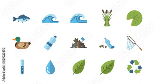 Environmental conservation icons: wildlife, recycling, and water preservation