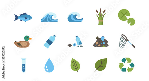 Nature and water conservation icons set: flora, fauna, recycling, and pollution elements