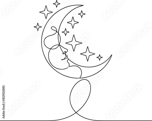 Celestial Dreamer: Continuous Line Art Crescent Moon and Stars