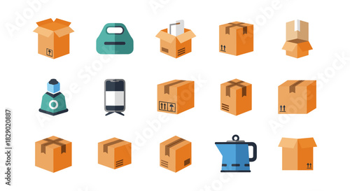 Diverse set of flat style icons featuring boxes, bags, and everyday objects on white background