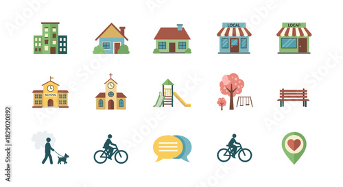 Flat urban and suburban community elements set with buildings and activities