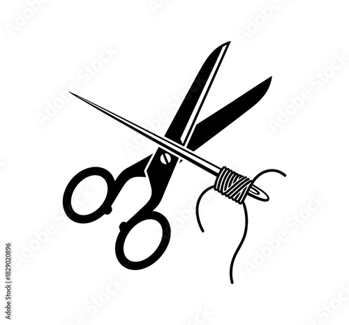 Sewing tools silhouette with scissors and thread - minimalist design