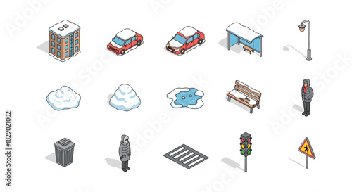 Isometric winter city elements with snow-covered vehicles and structures