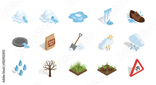 Winter elements and road safety signs in isometric design