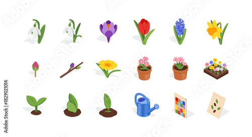 Spring collection flat icons of flowers and gardening tools