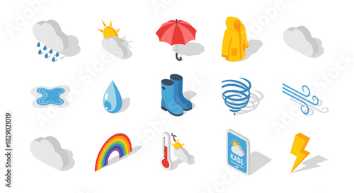 Isometric weather icons collection: rain, sun, umbrella, rainbow, clouds, wind, lightning
