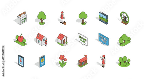 Isometric park elements with trees, ferris wheel, and signage