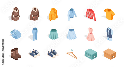 Isometric collection of winter and casual clothing and accessories