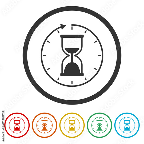 Hourglass, sand glass timer icon. Set icons in color circle buttons