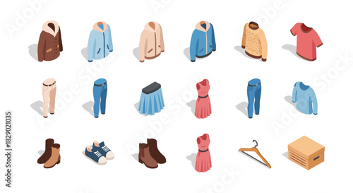 Trendy isometric clothing and accessories set on white background
