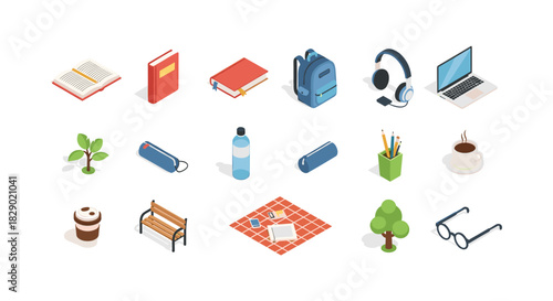 Isometric icons of books, gadgets, and nature elements for modern design