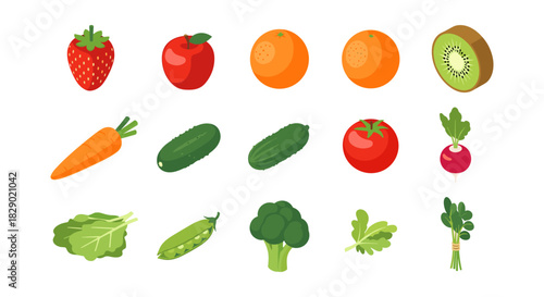 Colorful fruits and vegetables collection on white background